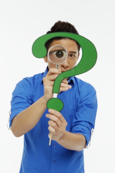 Dude Searching Question Mark with Magnifying Glass