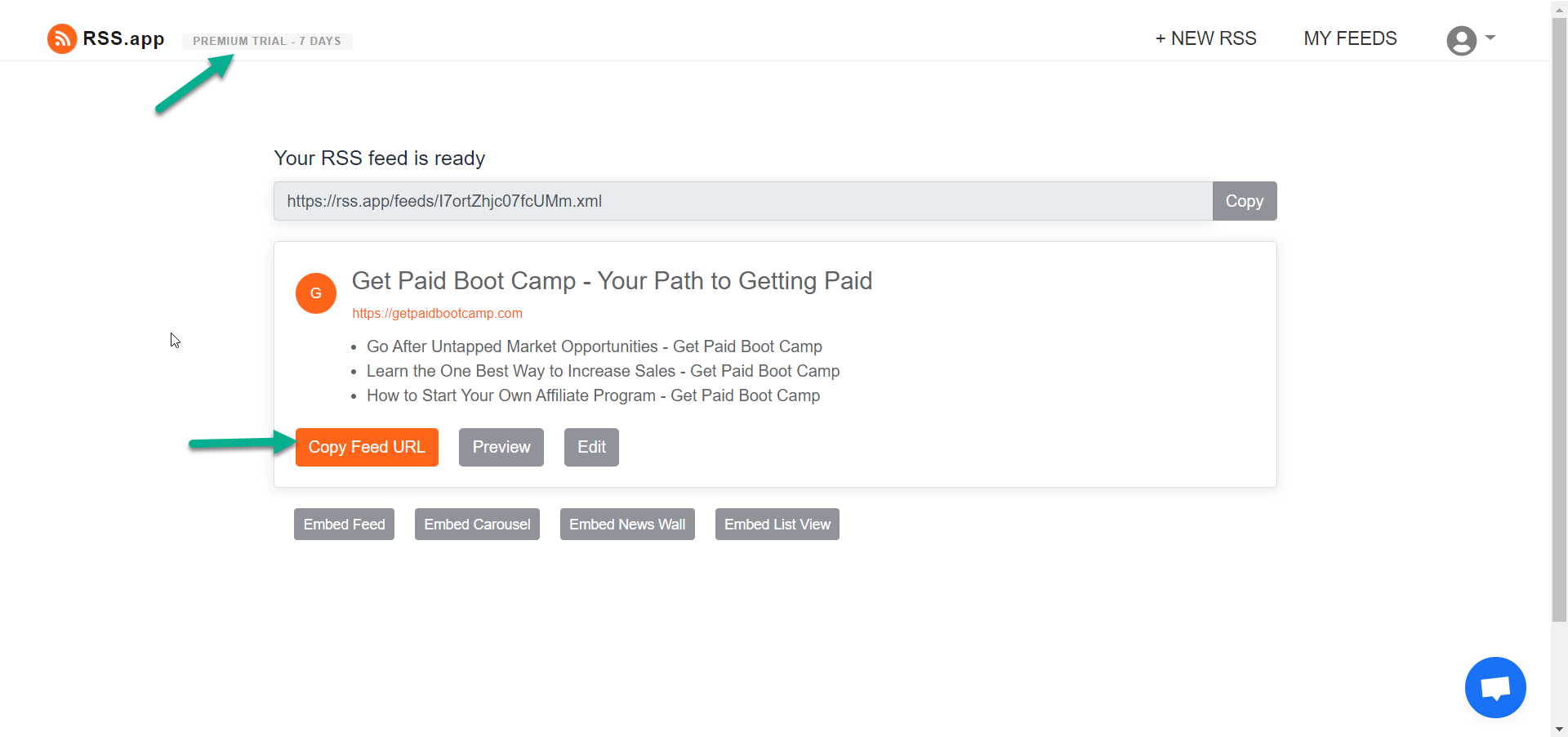 Copy Feed URL + Trial
