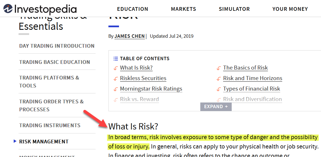 Investopedia Definition of Risk