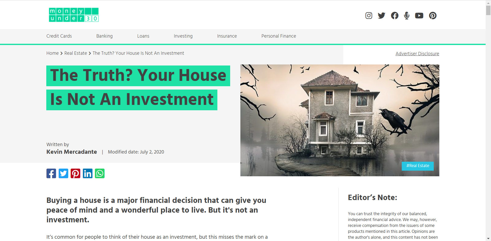 Money Under 30 House Not Investment
