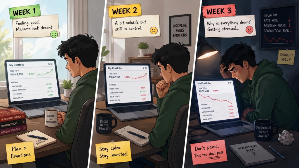 Three frames of an investor checking his portfolio every week.