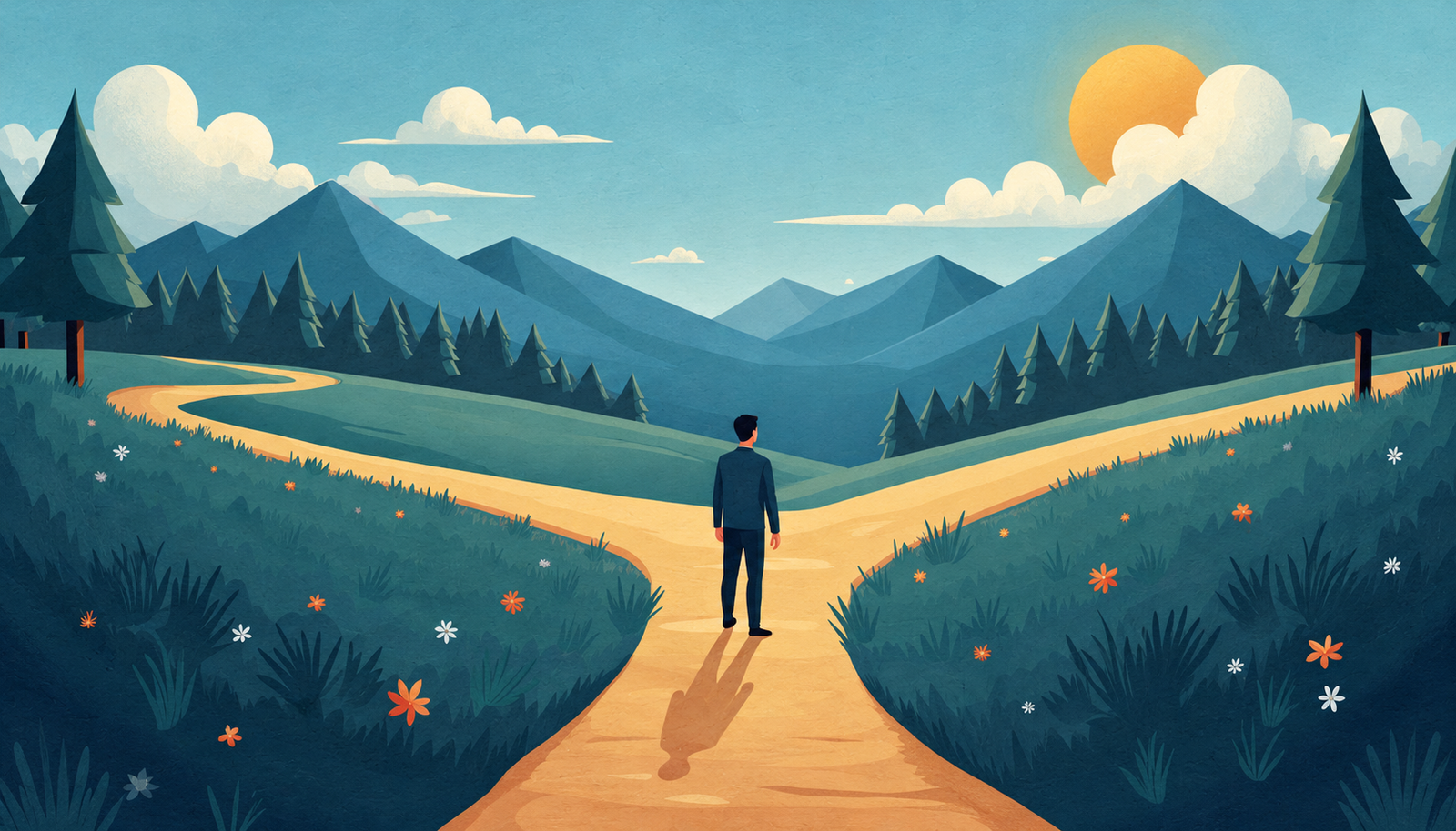 Man choosing between mountain paths